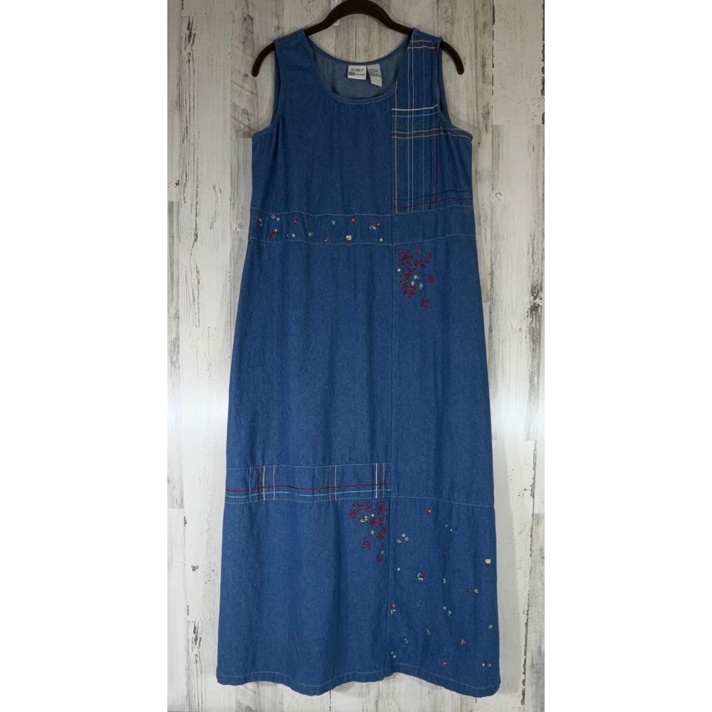 Koret City Blues Maxi Dress Medium Denim Embroidered Floral Plaid Vintage 90s